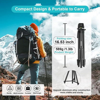 71" Camera Tripod, Versatile Cell Phone Tripod with Wireless Remote Phone Holder and Carry Bag, Lightweight Portable Camera Tripod Stand Compatible with Smartphone Cameras, Max Load 6.6 lbs