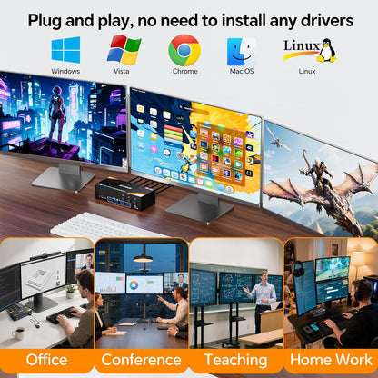 USB 3.0 KVM Switch 3 Monitors 3 Computers Displayport HDMI, Triple Monitor KVM Switch 8K@60Hz 4K@144Hz for 3 Computers Share Mouse Keyboard, Wired Remote and Power Adapter