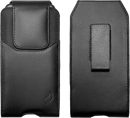 Leather Cell Phone Holster for T-Mobile REVVLRY+, REVVL 4, AT&T Fusion Z, Motivate, Jitterbug Smart3, Kyocera DuraSport 5G - Vertical Case Waist Carrying Pouch with Belt Clip/Loops, Black