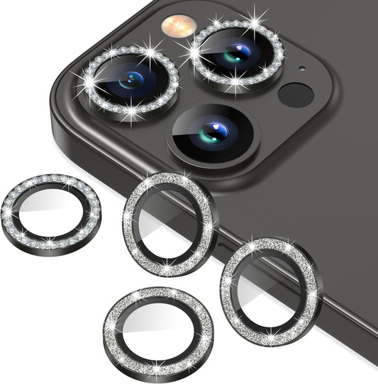 AGVEE 3+3 6 Pack for iPhone 13 Pro 6.1" / 13 Pro Max 6.7" Camera Lens Cover Protector, Bling Diamond & Bling Glitter Metal Ring 9H Tempered HD Glass Camera Cover Protector Film, Bling-Black