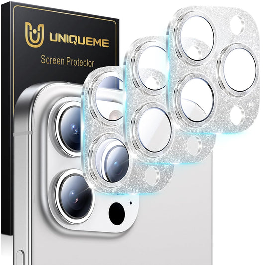 UniqueMe for 3 Pack iPhone 15 Pro/iPhone 15 Pro Max Camera Lens Protector, [Drop Protection] [Case Friendly] Camera Cover Screen [Update New Version] - Intergrated Glitter Silver
