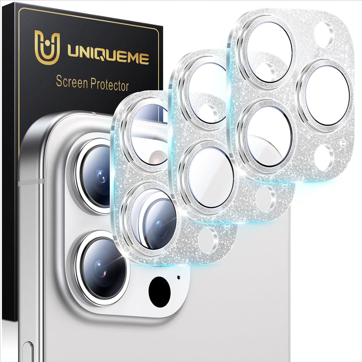 UniqueMe for 3 Pack iPhone 16 Pro/iPhone 16 Pro Max Camera Lens Protector - [Drop Protection] [Case Friendly] 9H Tempered Glass Camera Cover Screen [Update New Version] - Glitter Silver