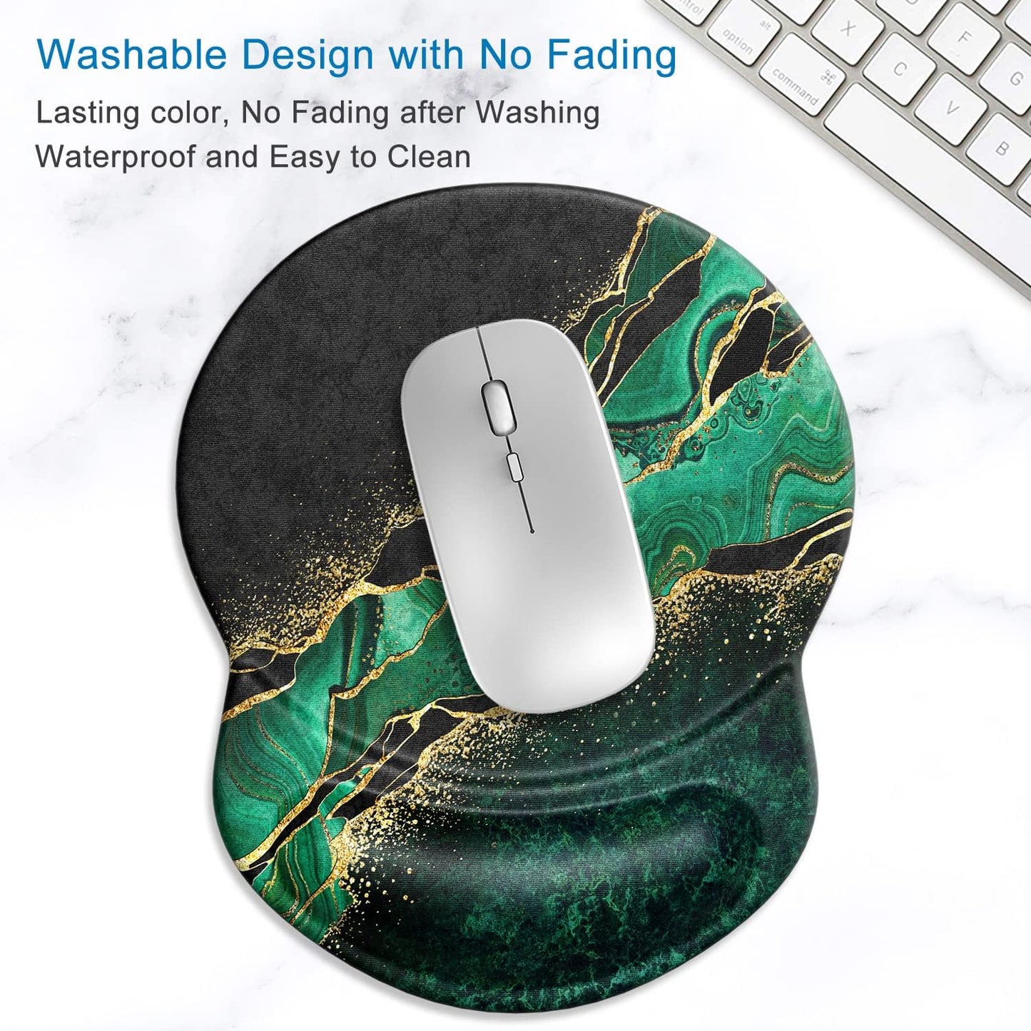 ITNRSIIET Ergonomic Mouse Pad with Gel Wrist Support Small Wrist Rest Smooth Surface Non-Slip PU Base Comfortable Office Supplies Pain Relief, 8.7 x 7.2 inches, Green Marble Gold