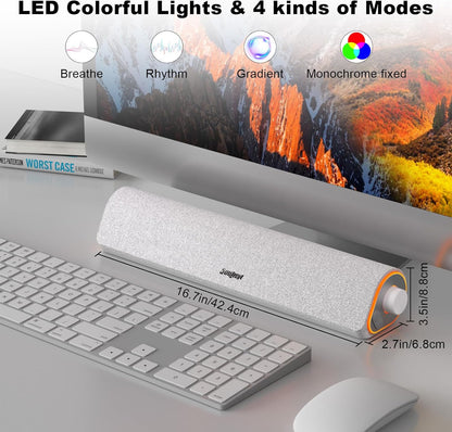 SOULION R50 Bluetooth Computer Speakers for Desktop PC Monitor White,Wired USB Powered 3.5mm Aux PC Speakers Sound Bar,4 Modes LED Lights with Switch Button,Surround Sound Soundbar for Computer