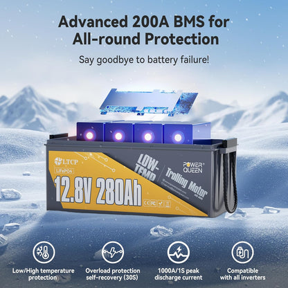 Power Queen 12V 280Ah PLUS LiFePO4 Battery Low-temp Protection Group 8D Battery, Deep Cycle Battery with 200A BMS, 3584Wh Energy, Up to 15000 Cycles for Truck, RV, Motor Home, Marine