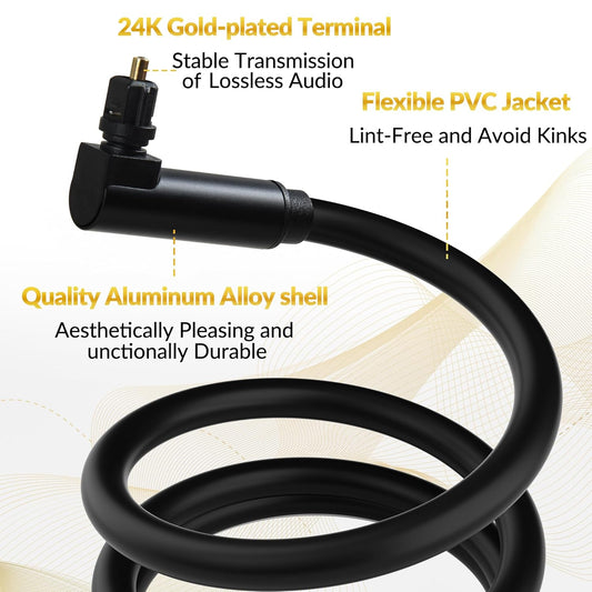 Elecan Optical Audio Cable 4 Ft/2 Pack 90 Degree Angled to Angled Digital Audio Toslink Cable Cord-Fiber Optic-Gold Plated-Flexiable&Durable-for Home Theater,Sound Bar,PS4&Xbox with Adapters+Ties