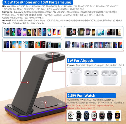 Wireless Charging Station, 3 in 1 Fast Wireless Charger for iPhone 15/14/13/12/11 Series/SE/XS/XS Max/XR/X/8/8 Plus, Charging Stand for Apple Watch SE/8/7/6/5/4/3/2/Ultra and AirPods Pro/3/2