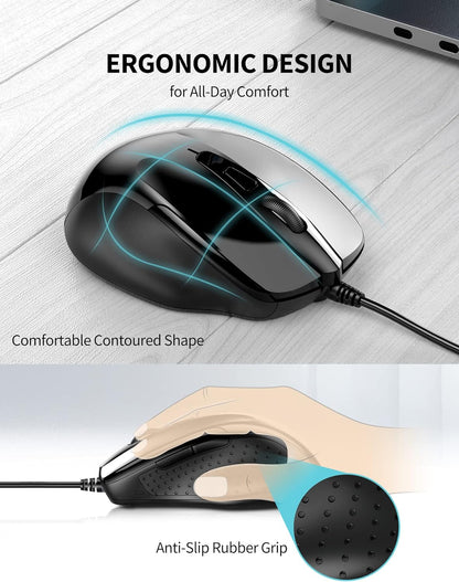 TECKNET USB Wired Mouse, 6-Button Corded Mouse with 4 Adjustable DPI, Optical Computer Mouse with Ergonomic Design and 5FT Cord for Laptop, Chromebook, PC, Desktop, Mac, Notebook-Black
