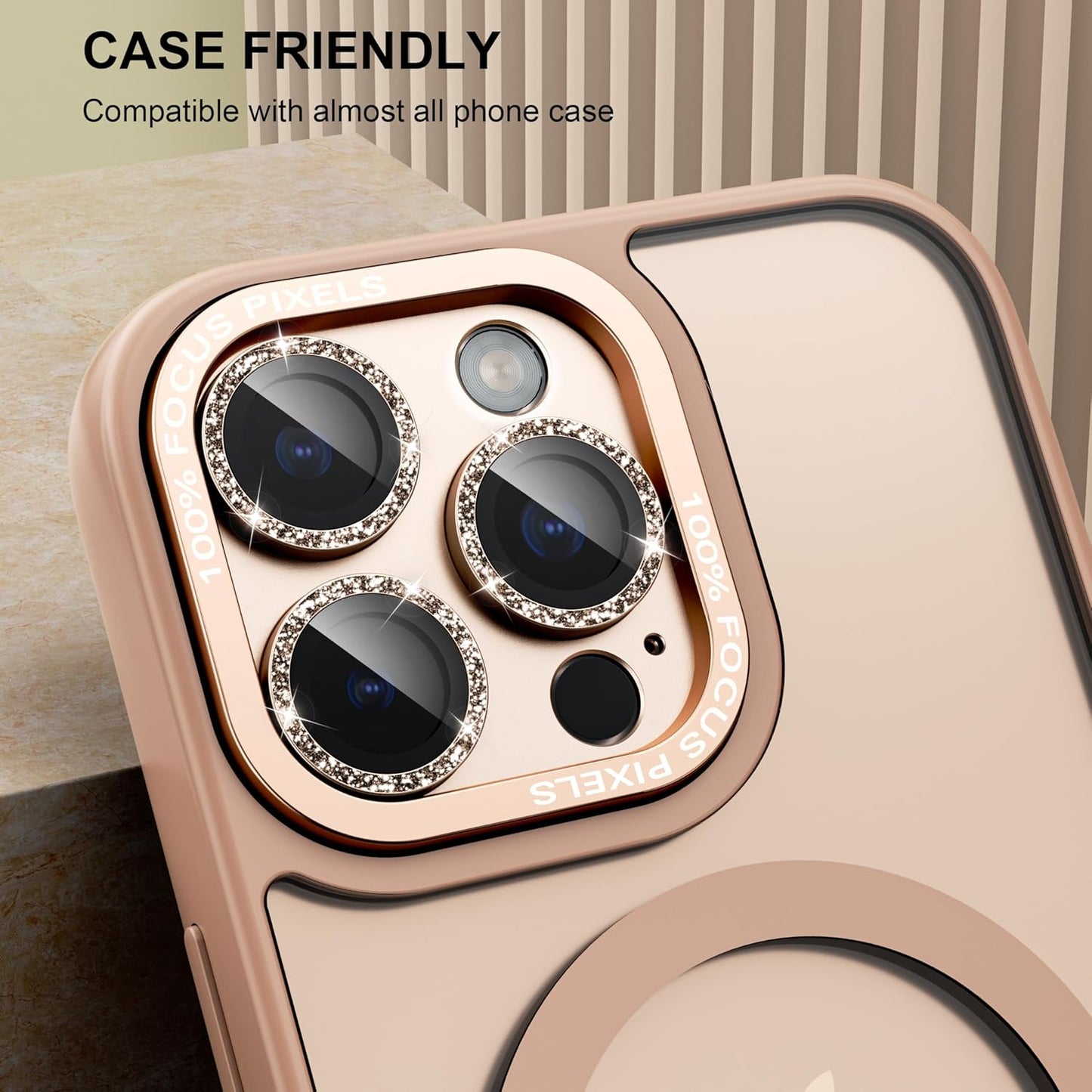 beuxece Compatible for iPhone 16 Pro/iPhone 16 Pro Max Camera Lens Protector, Bling Metal Tempered Glass Camera Screen Cover Accessories [Strong Adsorption][Case-Friendly]- Glitter Titanium Desert