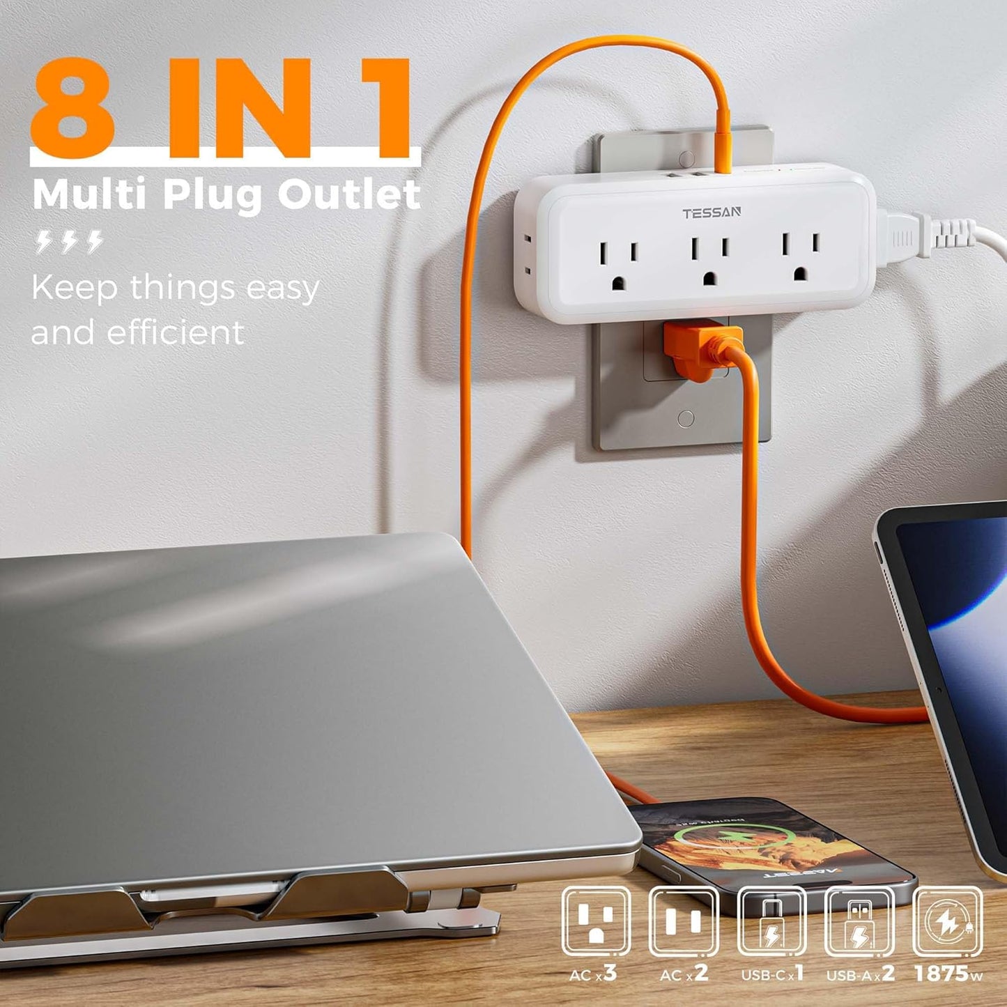 Multi Plug Outlet Splitter, TESSAN Multiple Plug Surge Protector, 5 Outlet Extender with 3 USB (1 USB C), 3-Way Wall Charger for Home Office Dorm Room Essentials