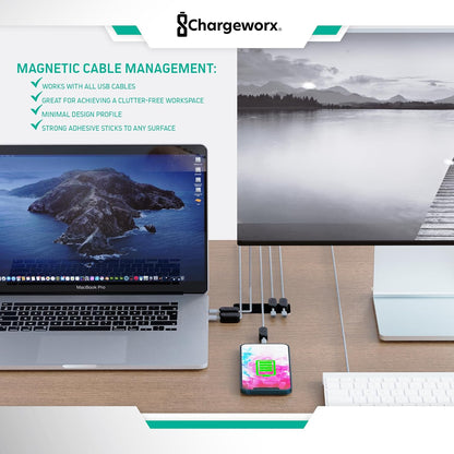 Chargeworx Magnetic Cable Holder for Cable Management – Multipurpose Desktop Cable Management System, 20-PK, Great for USB-C, Lightning, Micro-USB & Other Cables – Sticks to Any Surface (20-PK Black)