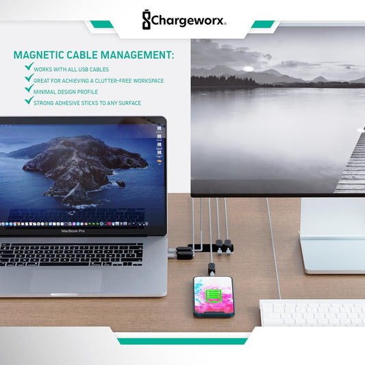 Chargeworx Magnetic Cable Holder for Cable Management – Multipurpose Desktop Cable Management System, 20-PK, Great for USB-C, Lightning, Micro-USB & Other Cables – Sticks to Any Surface (20-PK Black)