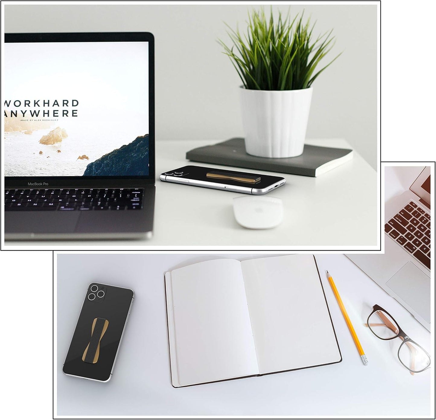 LOVEHANDLE Universal Phone Grip for Smartphones & Mini Tablets - Phone Holder for Hand - Wireless Charging Compatible - Made in The USA - Black Elastic Strap with Gold Base