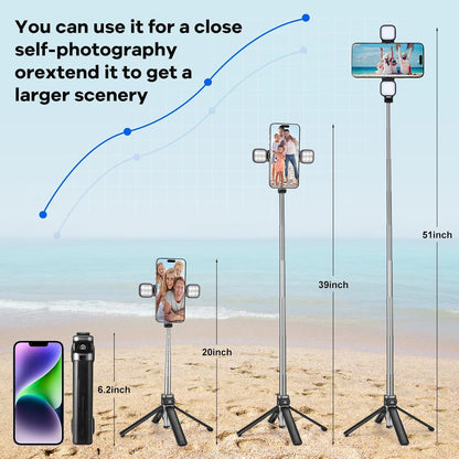 MQOUNY Mini iPhone Tripod Stand & Selfie Stick with Wireless Remote & Removable Light, Extendable Stand 360 Rotation Compatible with iPhone & Android Samsung (Black)