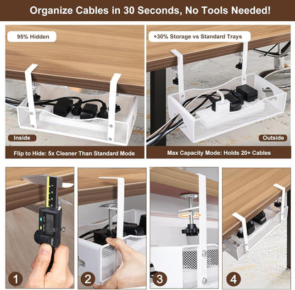 Extra Wide Under Desk Cable Management - No Drill Installation Cable Management Tray, Modern Cord Organizer for Office/Home Desk, Fits Power Strips & Wires((White, XL)