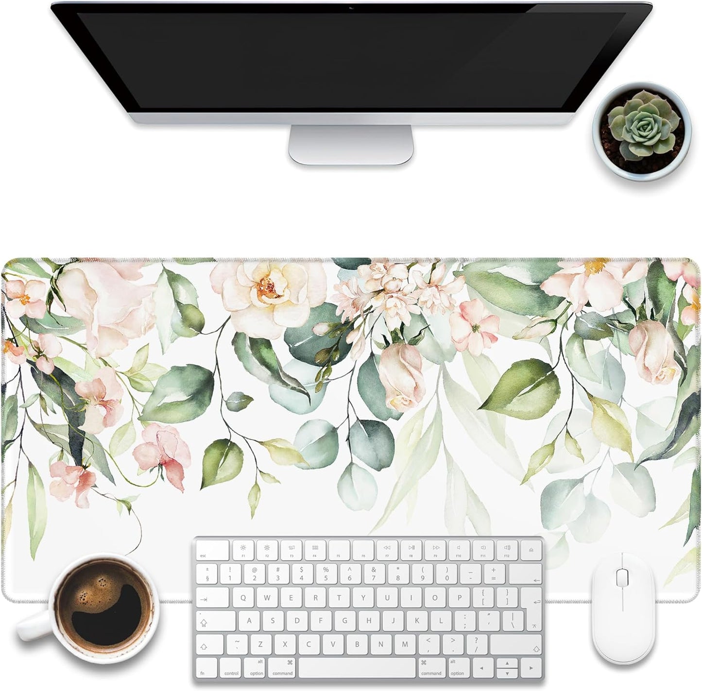 Desk Mat, Watercolor Pink Flowers Desk Pad, Green Leaves Flowers Large Gaming Mouse Pad for Desk, 31.5"x15.7" Extended Big Computer Keyboard Mouse Pad with Non-Slip Base and Stitched Edge
