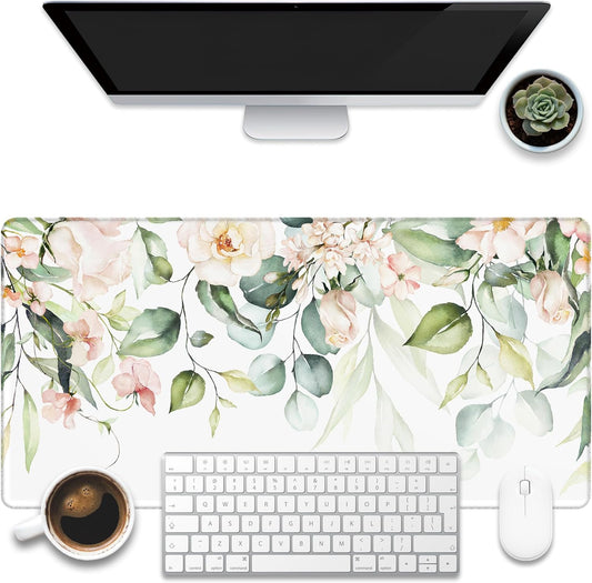 Desk Mat, Watercolor Pink Flowers Desk Pad, Green Leaves Flowers Large Gaming Mouse Pad for Desk, 31.5"x15.7" Extended Big Computer Keyboard Mouse Pad with Non-Slip Base and Stitched Edge