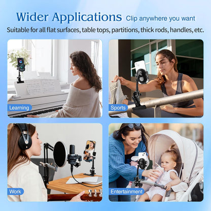 ROCKFREE Clip Phone Holder with 360° Gooseneck Arm & Auto-Locking Clamp,Short/Medium/Long Arm Options for Desk, Mic Stand, Table,Treadmill – Fits 4-7" Smartphones(Medium-5.9 inch Arm)