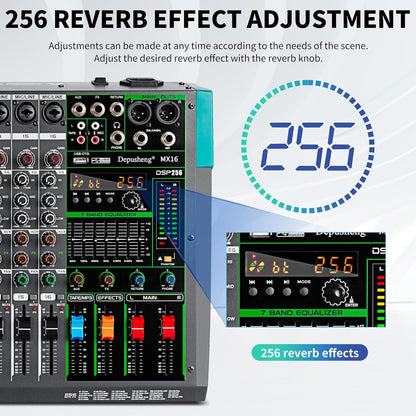 Depusheng MX16 16 Channel Sound Mixer Audio Mixing Console 48V 256DSP Professional USB PC Play Record Podcast Live Broadcast (US MX16)