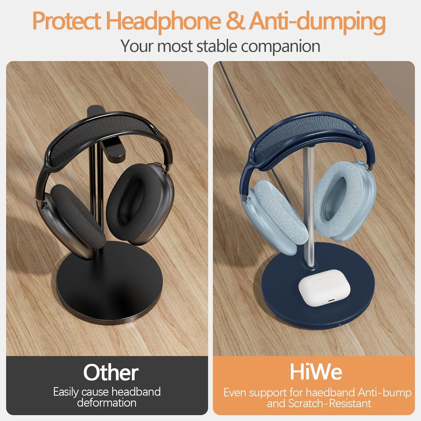 Headphone Stand with Wireless Charger, Gaming Headset Holder Hanger Rack 2 in 1 Wireless Charging Station Dock for iPhone 15/14/13/12/11 Series, Samsung, AirPods Pro/3/2, Aluminum Alloy Rod, Navy Blue