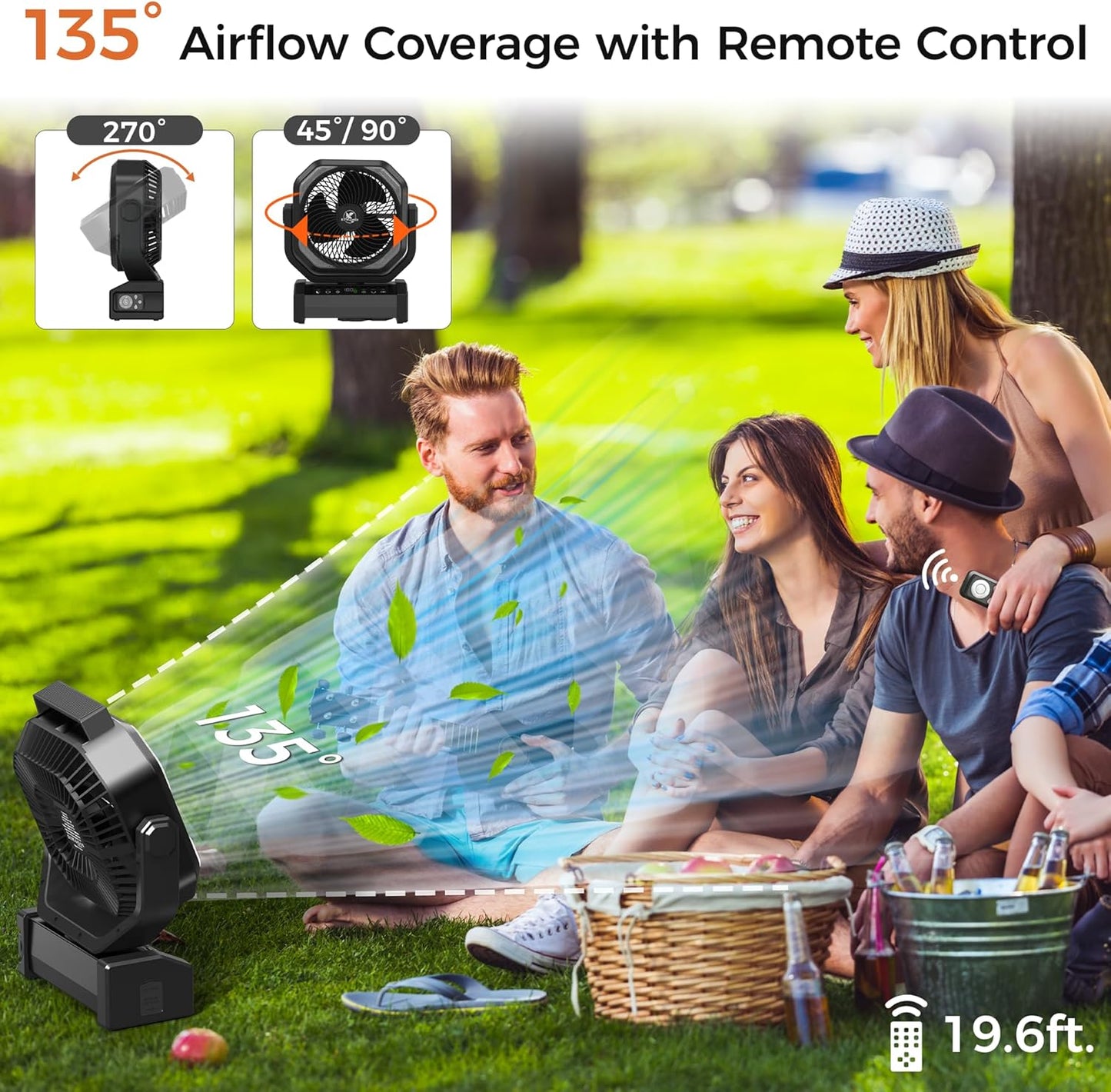 Camping Fan with Light - 20000mAh Rechargeable Battery Fan, 112Hrs Max Run Time, 8 Speeds, Digital Display, Timer, Auto Oscillation, 270° Pivot & Hook for Camping, Power Outage, Hurricane (Black)