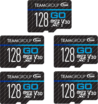 TEAMGROUP GO Card 128GB x 5 Pack Micro SDXC UHS-I U3 V30 4K for GoPro & Drone & Action Cameras High Speed Flash Memory Card for Outdoor Sports, 4K Shooting, Nintendo-Switch TGUSDX128GU368