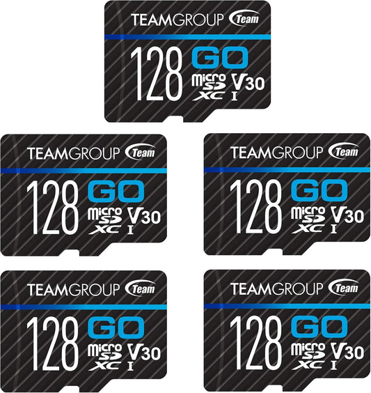 TEAMGROUP GO Card 128GB x 5 Pack Micro SDXC UHS-I U3 V30 4K for GoPro & Drone & Action Cameras High Speed Flash Memory Card for Outdoor Sports, 4K Shooting, Nintendo-Switch TGUSDX128GU368