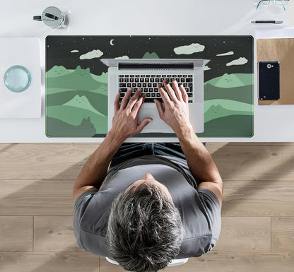 Anime Green Cats Mouse Pad Desk Pad Kawaii Cartoon Cat Desk Mat Cute, XXL Large Laptop Gaming Mousepad Keyboard Mouse Mat, Office Desk Decor matt for Women with Stitched Eges Pad, 31.5x15.75 in