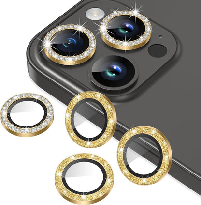 AGVEE 3+3 6 Pack for iPhone 15 Pro/Pro Max, Bling Diamond & Glitter Metal Ring 9H Tempered HD Glass Camera Protector Cover Film, Gold