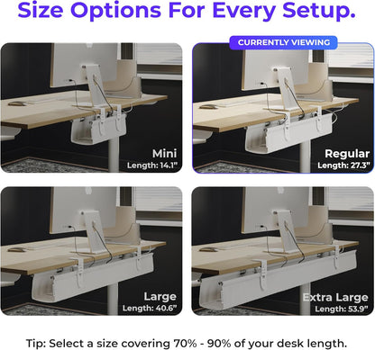 Ascrono Original No Drill Under Desk Cable Management Tray 27.3" - Premium White Fabric Cable Management Under Desk - Clamp/Screw Mount Cord Organizer - Supports Upto 66lbs