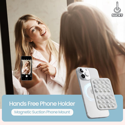 SUCKY Silicone Suction Phone Case Adhesive Mount - Anti-Slip Holder, Hands-Free Fidget Toy, Phone Accessory for iPhone and Android (Crystal White, Magnetic)