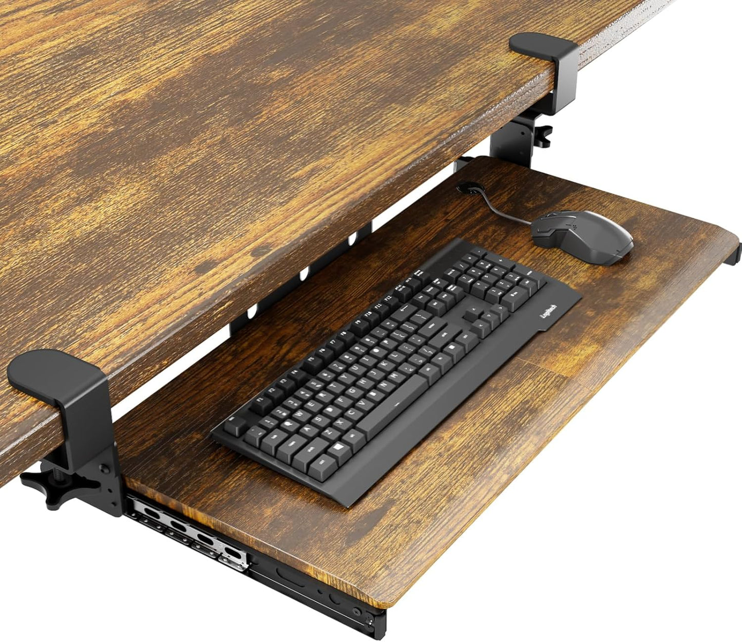 AX WABER Keyboard Tray Under Desk Pull Out with Extra Sturdy C Clamp Mount System, 27.3 (32.5 inch Including Clamps) x 11 Inch Slide-Out Platform Computer Drawer for Typing Vintage AX01WG02