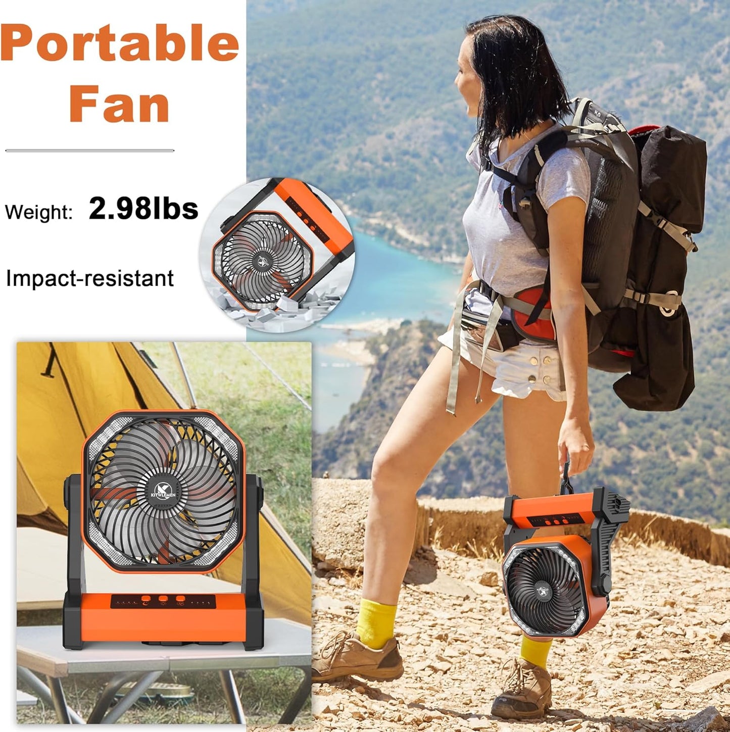 KITWLEMEN 20000mAh Battery Powered Camping Fan - 58H Max Cooling, Rechargeable Battery Operated Desk Fan with 4 Speeds, Bright Light & Hanging Hook, Portable for Tent Outdoor Hurricane Power Outage