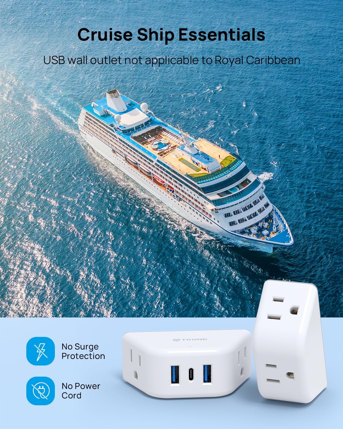 TROND Multi Plug Outlet Extender with USB - 2 Pack Wall Splitter, 3 Way Angled Outlet Adapter, Cruise Essentials, Small Multiple Expander for Cruise Ship Travel Home Office Dorm Room