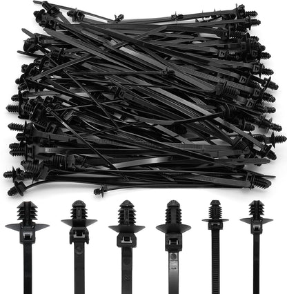 120 Pcs Push Mount Cable Ties Assorted Sizes, Black Nylon Push Mount Zip Ties Wire Harness Clips, 6-Types Snap in Zip Ties Self Locking Automotive Wire Ties for Wire Tying, Automotive