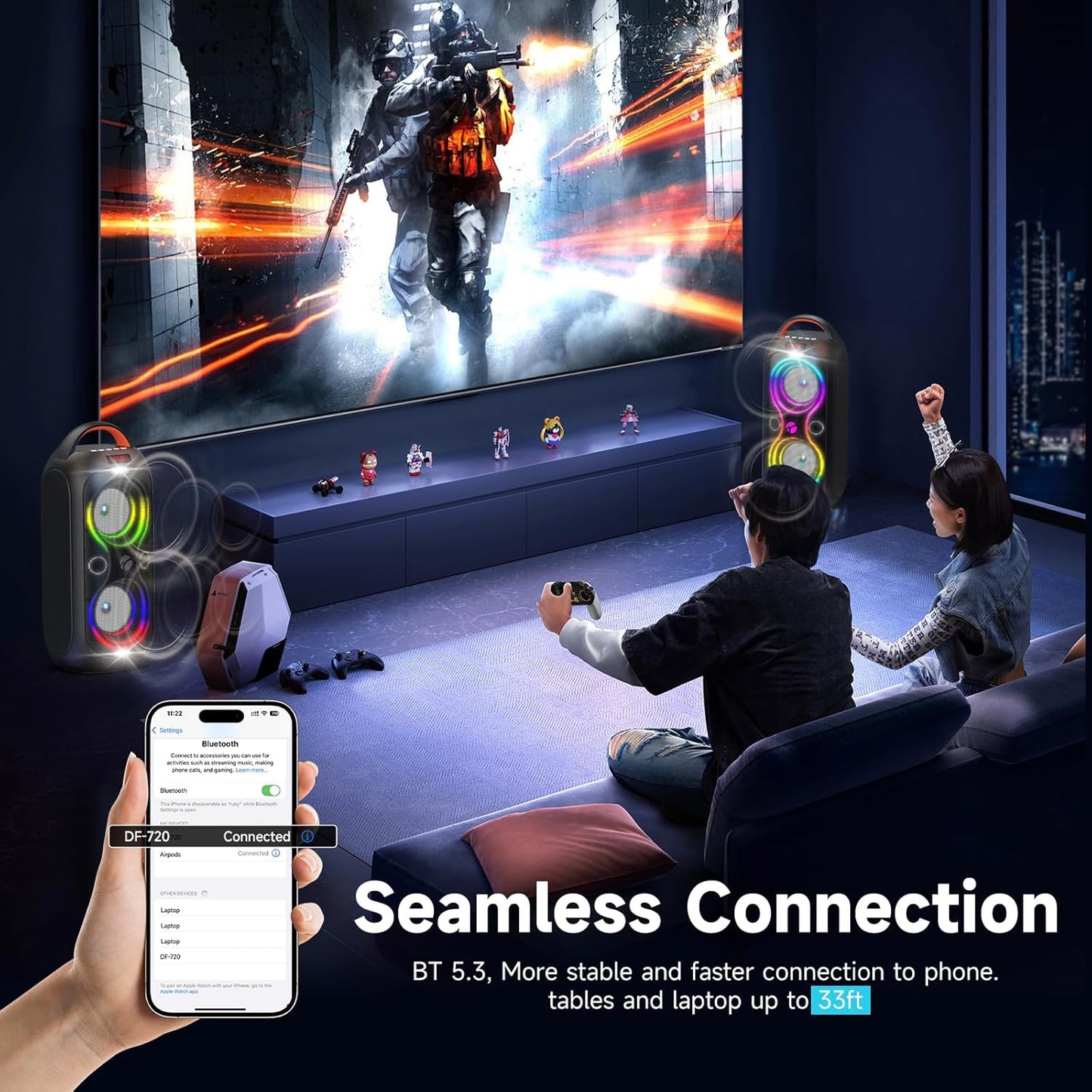 Portable Bluetooth Speaker 120dB Loud with Beat-Sync LED Lights & Dual 4-inch Speakers – 5 RGB Modes + 8 Colors, Bluetooth 5.3, USB/TF/AUX/FM/Mic, TWS Pairing – for Outdoor, Party, Camping & Beach