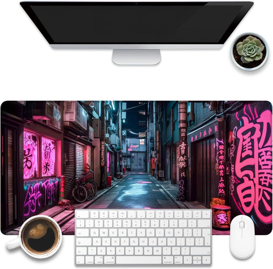 Desk Pad, Anime City Street Scene Desk Mat, Pink Neon Street Large Gaming Mouse Pad for Desk, 31.5"x15.7" Extended Big Computer Keyboard Mouse Pad with Non-Slip Base and Stitched Edge