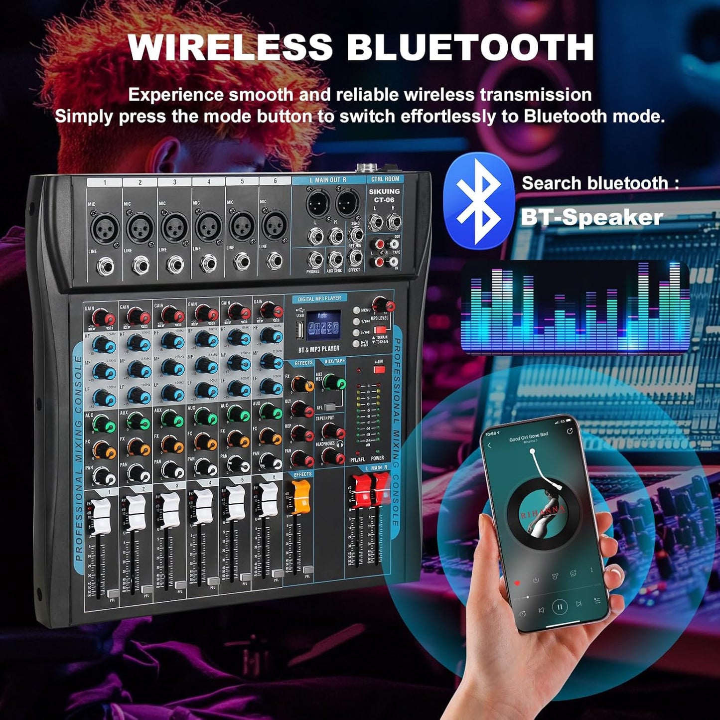 Audio Mixer,6 Channel Board Mixer for Streaming, Professional Sounds Board Mixer with 16 DSP Effect, USB Audio Interface and 48V Phantom Power, Stereo DJ Mixers for PC Recording/DJ stage