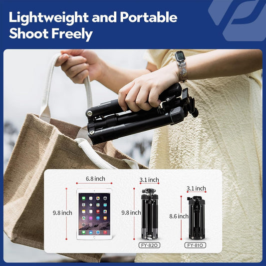 Fotopro Mini Tripod with Ball Head Phone Mount Detachable Selfie Stick Folded only 8.6" Max Load up to 6.6 lbs FY-810 Black