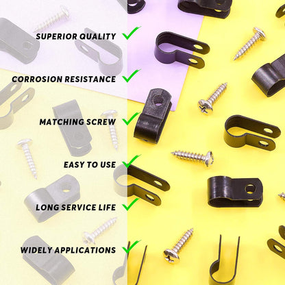 Swpeet 120 Pack Black 5/16 Inch Nylon Plastic R-Type Cable Clips Clamp Kit, Nylon Screw Mounting Cord Fastener Clips with 60 Pack Screws for Wire Management (5/16 Inch, Black)