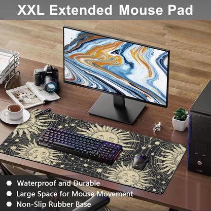 Mouse Pad, Large Golden Sun with a Face and Orbits Desk Mat, Extended Non-Slip Gaming Keyboard Mousepad Desk Pad, Thick Stitched Edges Waterproof Mouse Mat 31.5"x15.7" (Boho Pattern)