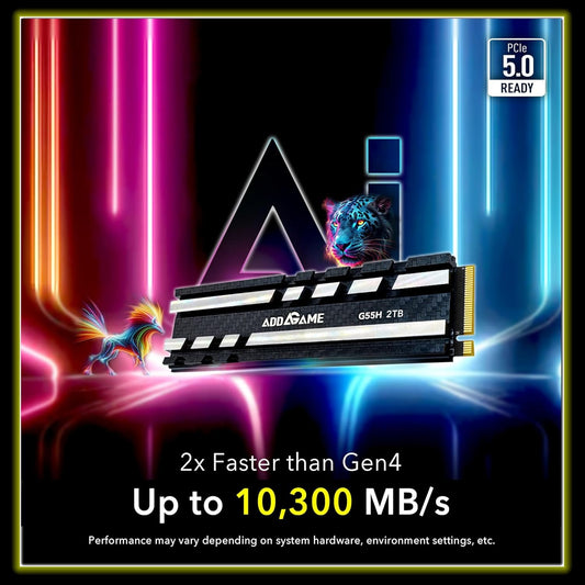 Addlink G55H 2TB PCIe 5.0 Gen5 NVMe M.2 SSD with Heatsink - Up to 10,300MB/s - Game Ready - Internal Solid State Drive - Compatible with PCs and PS5 (ad2TBG55HM2P)