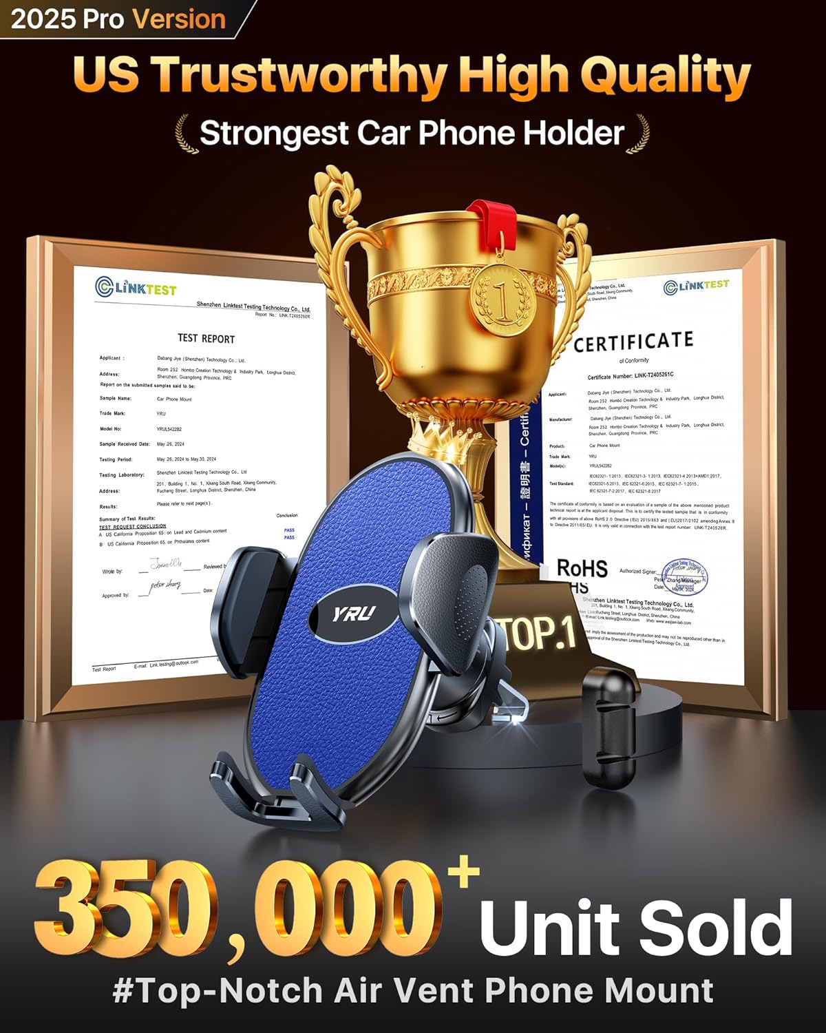 YRU Car Phone Holder [2025 Upgraded Metal Hook Clip], Phone Holders for Your Car [No Fear of Bumps] Air Vent Phone Mount Widely Compatible with iPhone16 15 14 13 Samsung Android Smartphones (Sapphire)