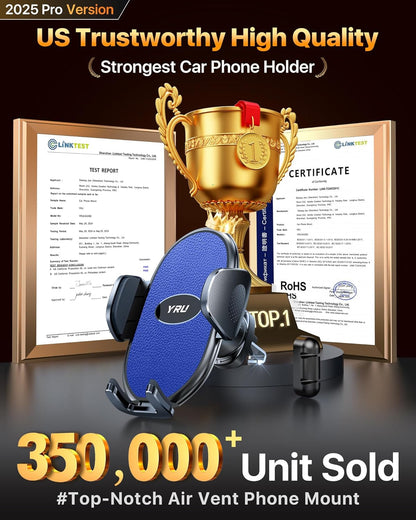 YRU Car Phone Holder [2025 Upgraded Metal Hook Clip], Phone Holders for Your Car [No Fear of Bumps] Air Vent Phone Mount Widely Compatible with iPhone16 15 14 13 Samsung Android Smartphones (Sapphire)