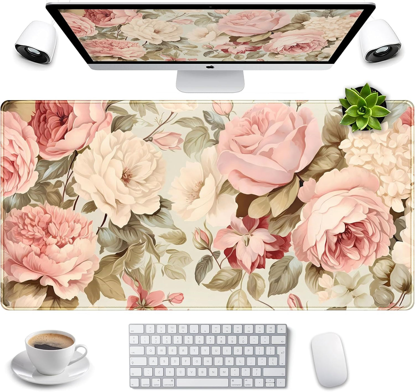 Cute Floral Desk Mat Pastel Roses Gaming Mouse Pad XXL Large Extended Flowers Desk Pad, Laptop Keyboard and Mouse Mat with Stitched Edges, Women Computer Desktop Mat Gamer Playmat 31.5x15.7 in
