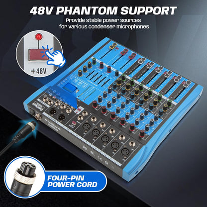 Professional Audio Mixer, 6 Channel, Input 48V Phantom Power Stereo Digital USB Bluetooth MP3 Computer Input, Build-in 16 Effect DSP, for Recording, Live Streaming, Podcasting MG60S