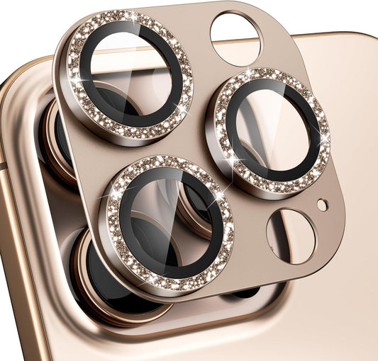 beuxece Compatible for iPhone 16 Pro/iPhone 16 Pro Max Camera Lens Protector, Bling Metal Tempered Glass Camera Screen Cover [Strong Adsorption][Case-Friendly]- Glitter Deep Titanium Desert