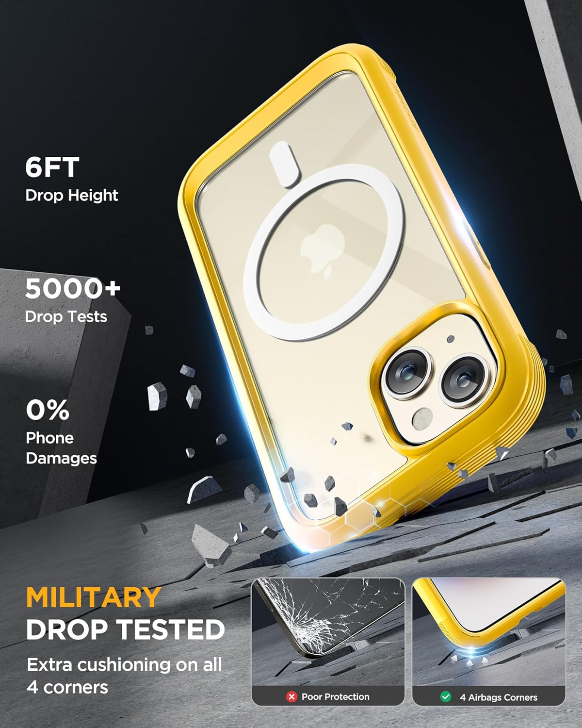 Miracase Glass Series for iPhone 15 Case [Compatible with MagSafe] Full-Body Magnetic Case with Built-in 9H Tempered Glass Anti-Fingerprint Screen Protector + Camera Lens Protector, Lemon Yellow