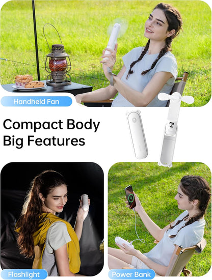 JISULIFE Handheld Fan with 4500 mAh Powerbank Max 37 Hours Runtime, Pocket Portable Battery Operated or USB Powered Folding Personal Fan, 3 Speeds, Gifts for Women Men Kids Gift for Festival-White