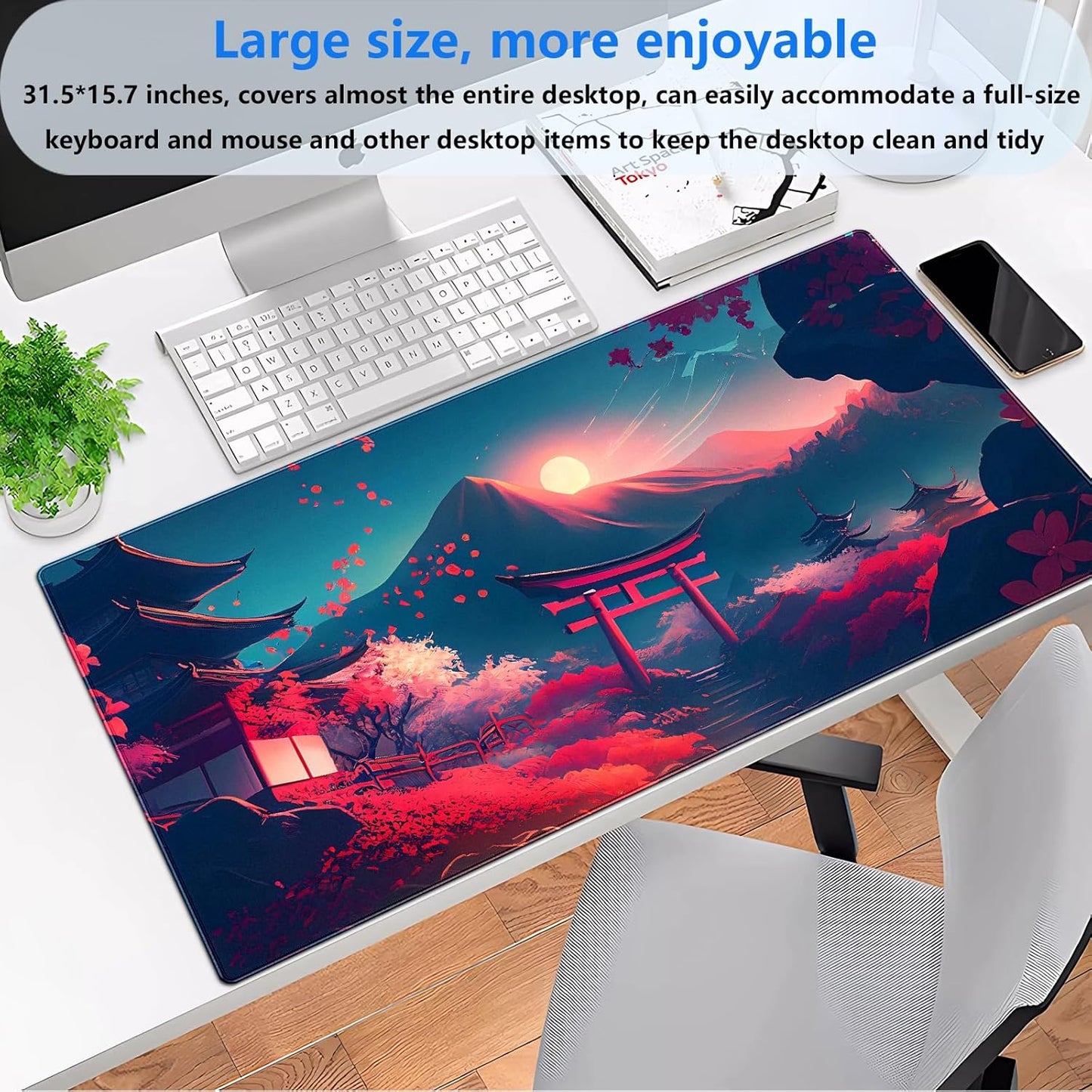 Japanese Anime Mouse Pad - Pink Sakura & Full Moon Design Gaming Desk Mat, XL Large (31.5"x15.7") Keyboard Pad for PC Laptop Office Decor